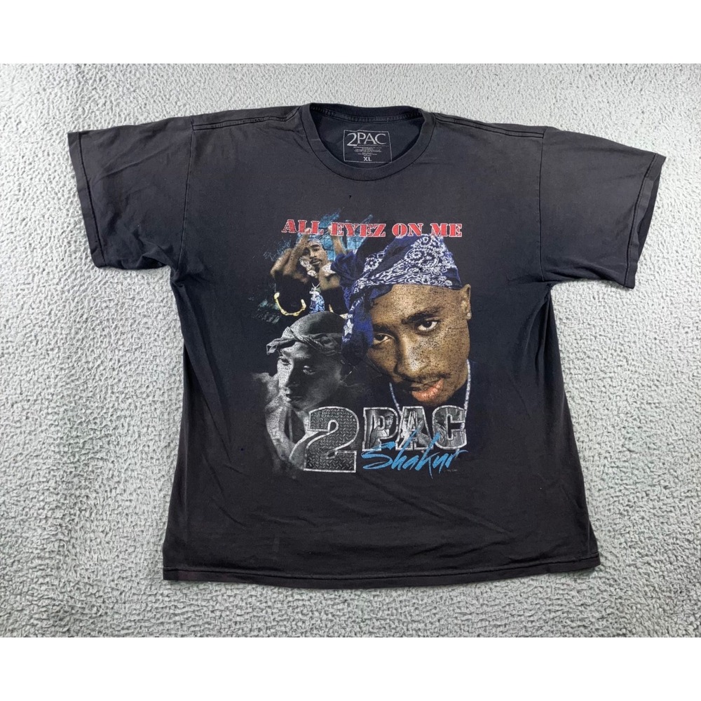 2Pac T-Shirt Men XL All Eyez On Me Graphic Black Faded Distressed 90s Rap‎ Tee
